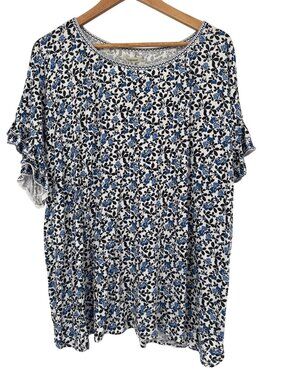 Max Studio Womens Ruffled Sleeve Floral Print Top size 3X plus Blue knit new $68